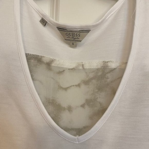 Guess Short Sleeve Blouse Mixed Fabric White Light Brown Tie- Dye Size Small - Picture 3 of 14